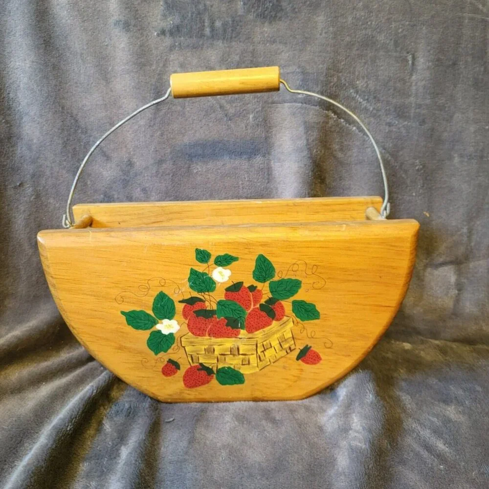 Vintage Hand Crafted  Wooden Basket Hand Painted Strawberries. Signed